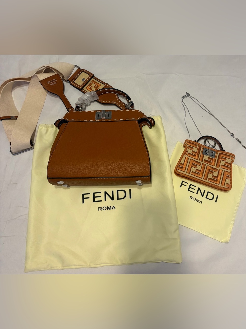 Fashion Tan Leather Peekaboo Crossbody With Cream Mono Canvas Guitar Strap - Picture 2 of 16
